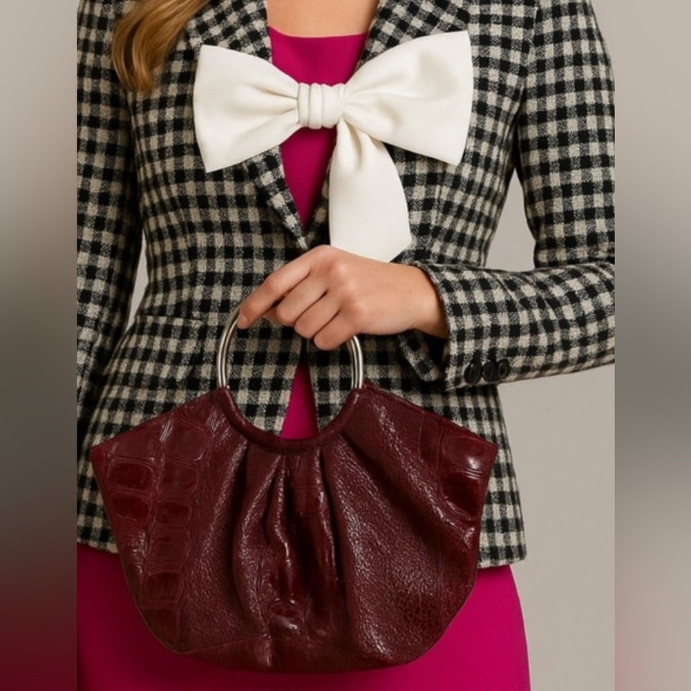 Vintage Elegant Burgundy Crocodile-Embossed Handbag